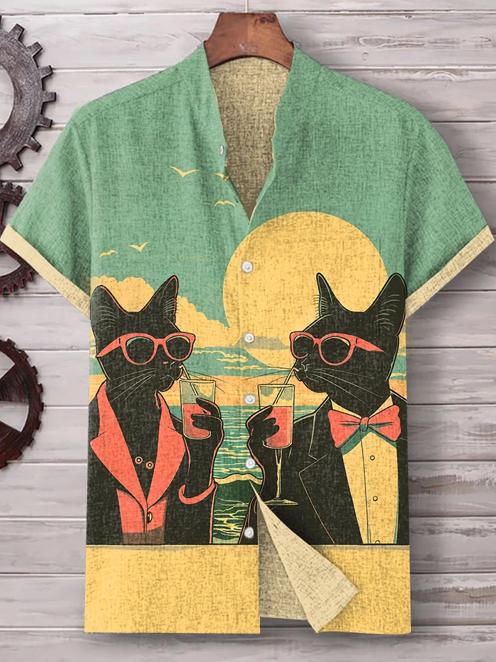 Men's Sunset Seaside Black Cat Couple Lazy Drinking Art Linen Blend Shirt