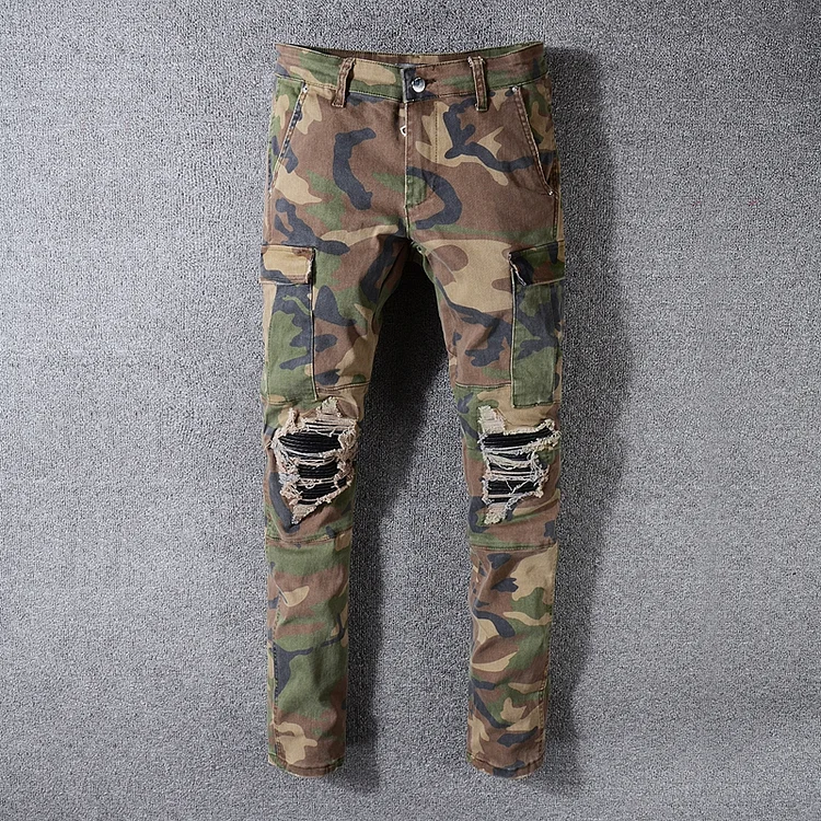 TIMSMEN Personalized Patch Camouflage Shredded Stretch Slim Fit Skinny Pants