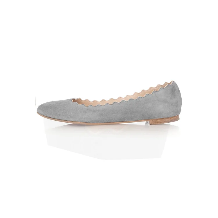 Grey Vegan Suede Round Toe Scalloped Flats for Women |FSJ Shoes