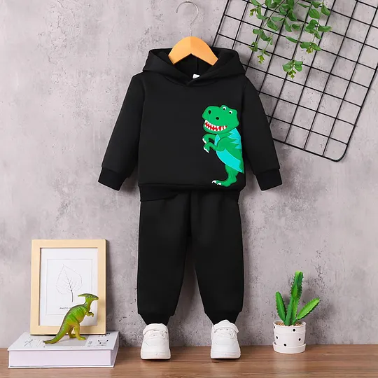 【6M-3Y】Boys' Hooded Dinosaur Appliqué Top And Pants Set