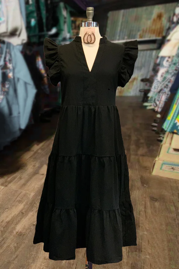 Solid Ruffle Sleeve V-Neck Midi Dress