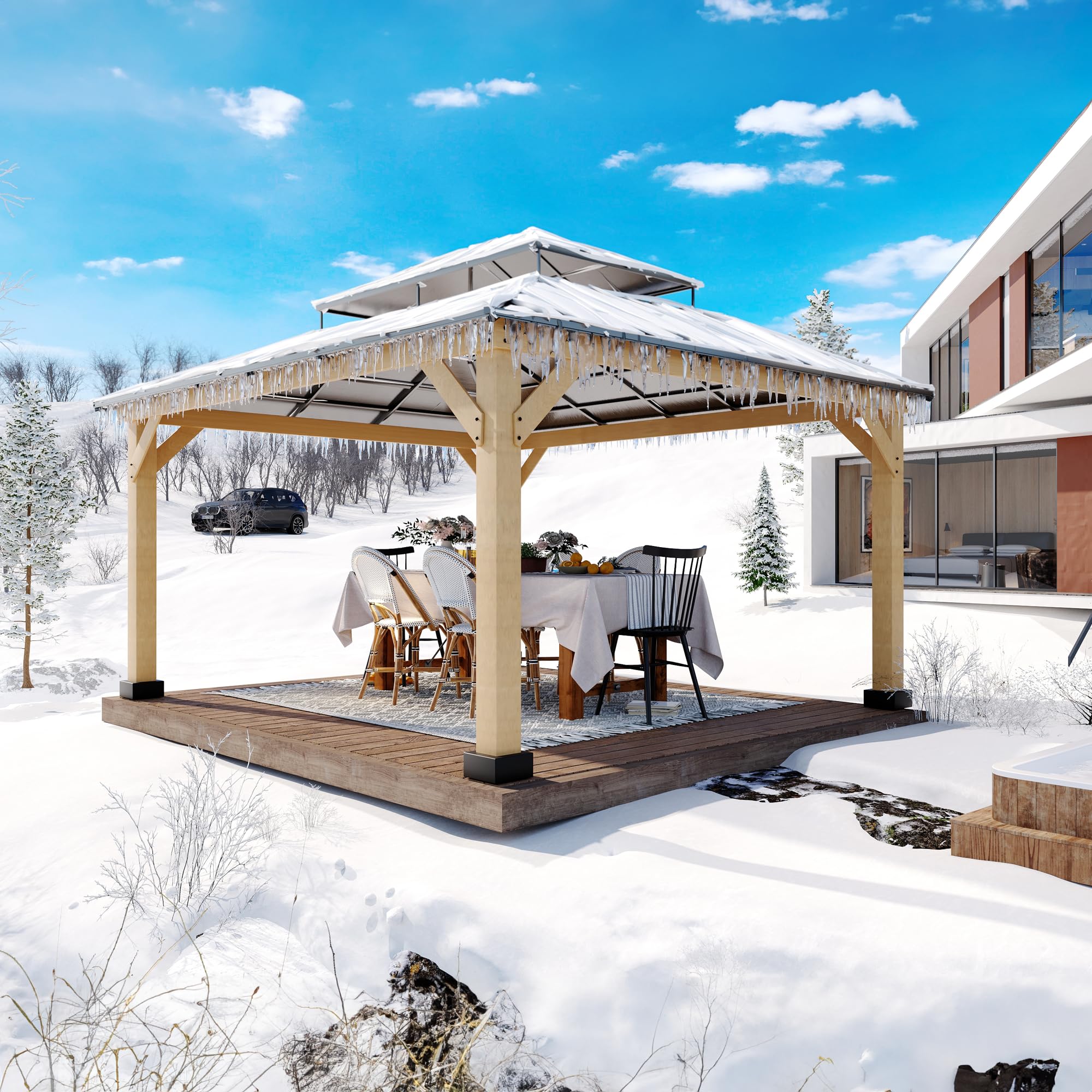 11 x 13 FT Outdoor Double Roof Hardtop Wood Gazebo | JOYSIDE 11 x 13 FT Outdoor Double Roof Hardtop Wood Gazebo | JOYSIDE