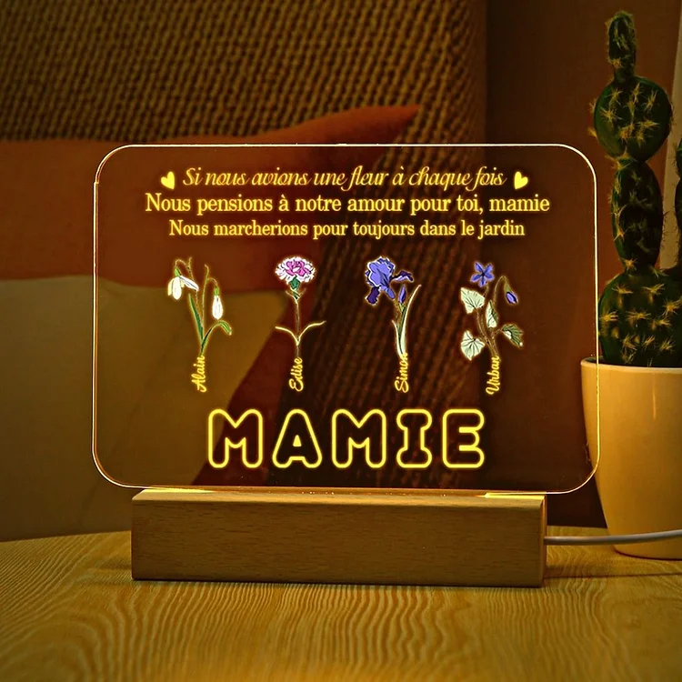 Lampe de Chevet LED 4 Fleurs et 4 Prénoms Personnalisés avec Texte Jessemade FR