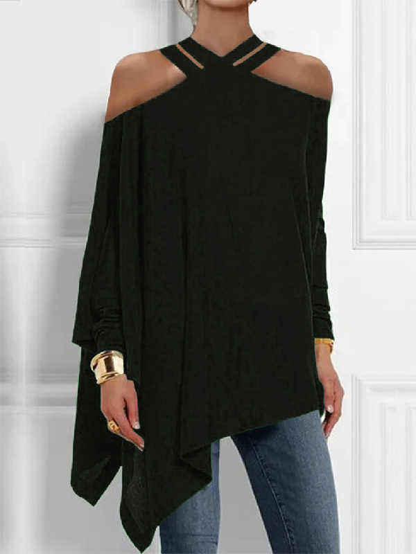 Loose Asymmetric Hollow Solid Color Cold Shoulder Blouses&Shirts Tops