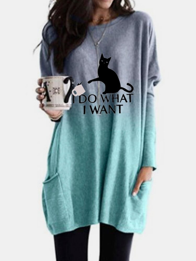 Cat Print Long Sleeves O neck Casual Blouse For Women P1769683