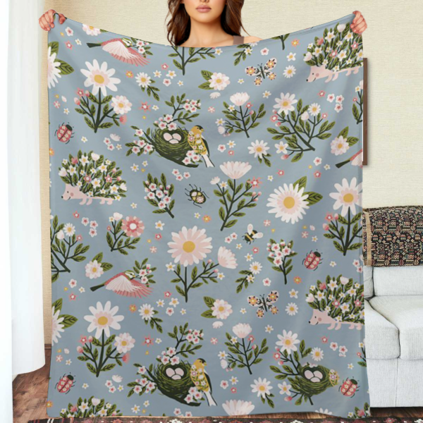 Comstylish Forest Plants Flowers Birds Bee Printed Anti-pilling Flannel Blanket