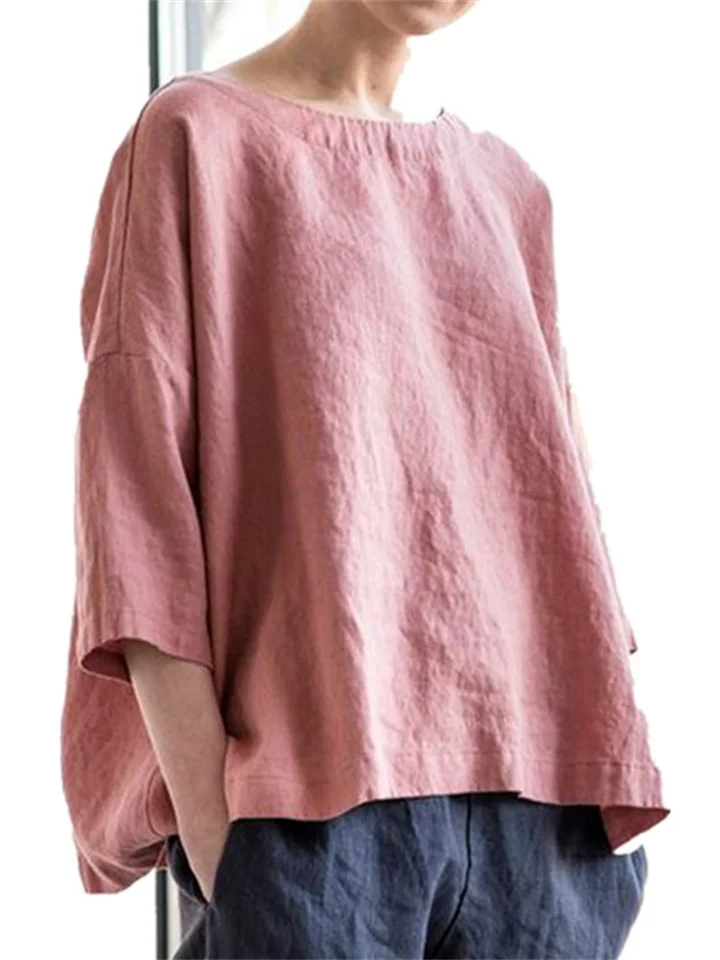 Women's Round Neck Cotton Linen Loose Tops with A Hundred Literary Retro Model Blouse Comfortable Casual Seven-point Sleeve Top