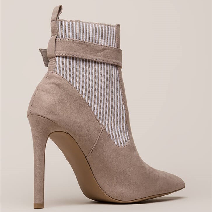 White Stripes Taupe Pointy Toe Stiletto Heel Buckle Ankle Booties |FSJ Shoes
