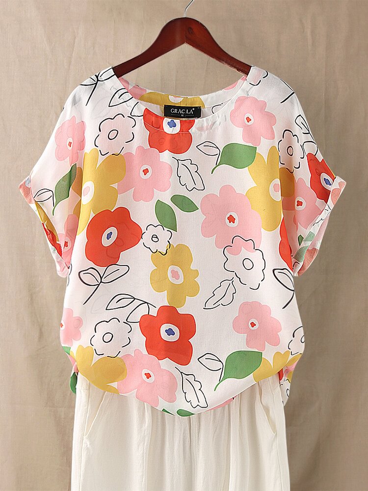 Colorful Floral Print Short Sleeve O neck T shirt For Women P1655053