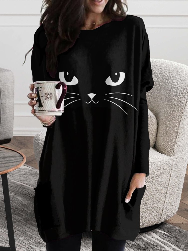 VChics Cat Face Graphic Loose Fit Long T Shirt