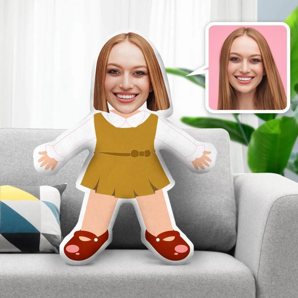 Custom Face Pillow, Lovely Brown Dress, Red Shoes, Photo Face Pillow, Body Pillow Custom Dolls and Toys