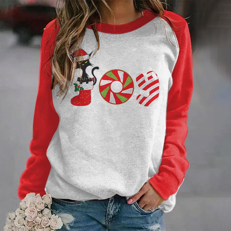 Vefave Casual Crew Neck Colorblock Cat Print Sweatshir