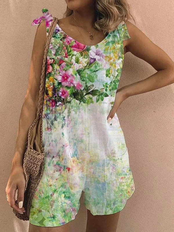 Floral Art Painting Printed Short Jumpsuit