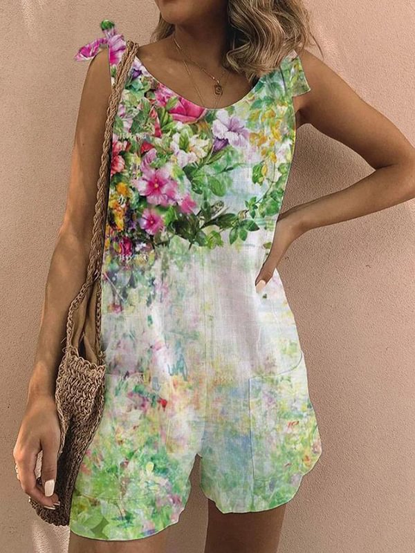 Floral Art Painting Printed Short Jumpsuit