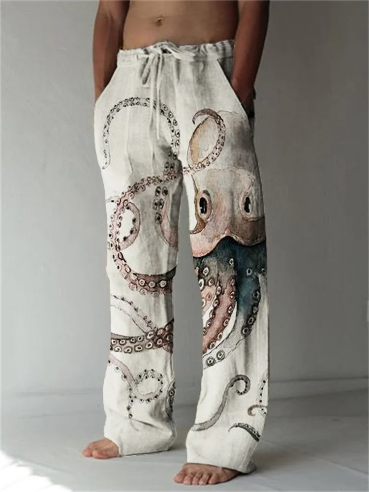 Comstylish Colorful Octopus Watercolor Linen Blend Casual Pants