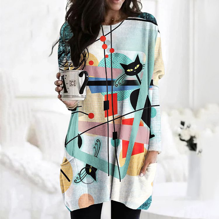 Vefave Cat Print Long Sleeve Casual Tunic