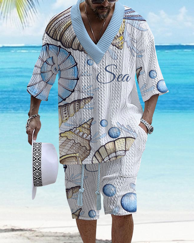 Men's V-Neck Luxury Marine Print Textured Resort Shorts Set 014