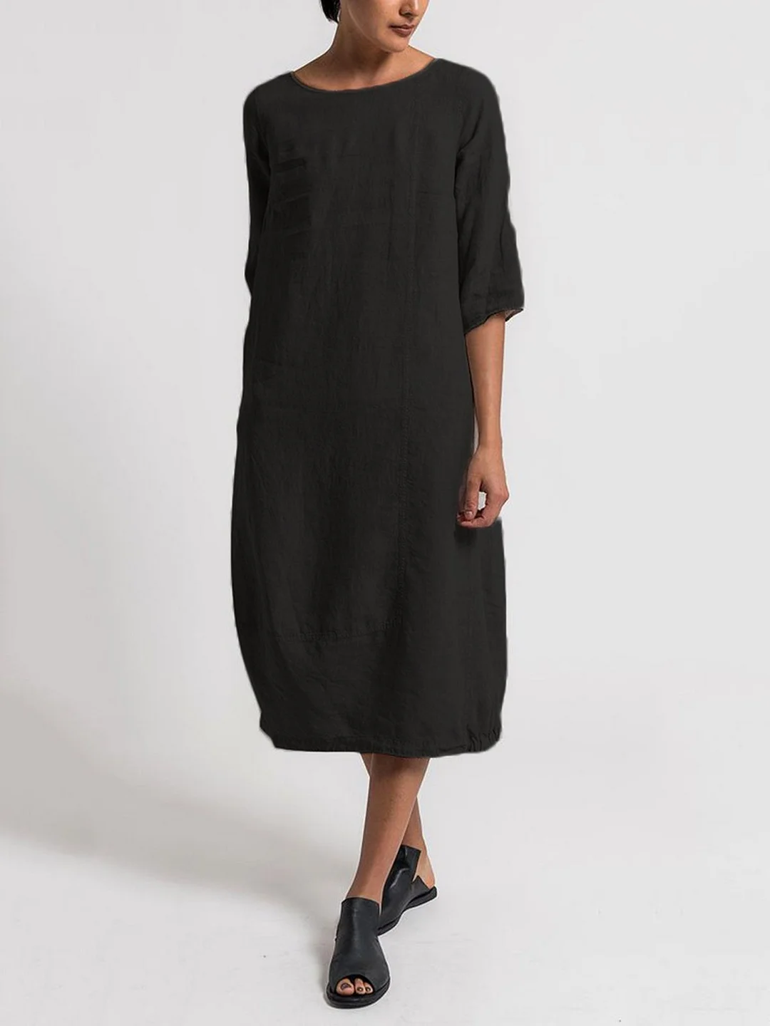 Crew Neck 3/4 Sleeve Casual Solid Casualdress-JRSEE