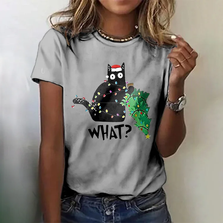 Vefave Round Neck Black Cat Print Short Sleeve T-Shirt