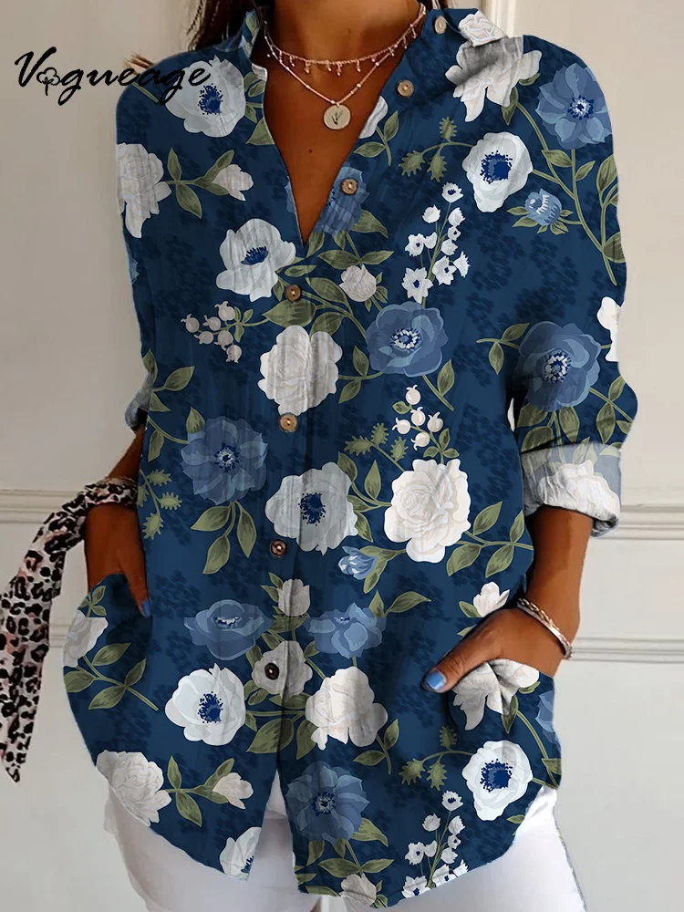 Elegant Ink Style Flowers And Leaves Long Sleeves Printed Cotton And Linen Shirt