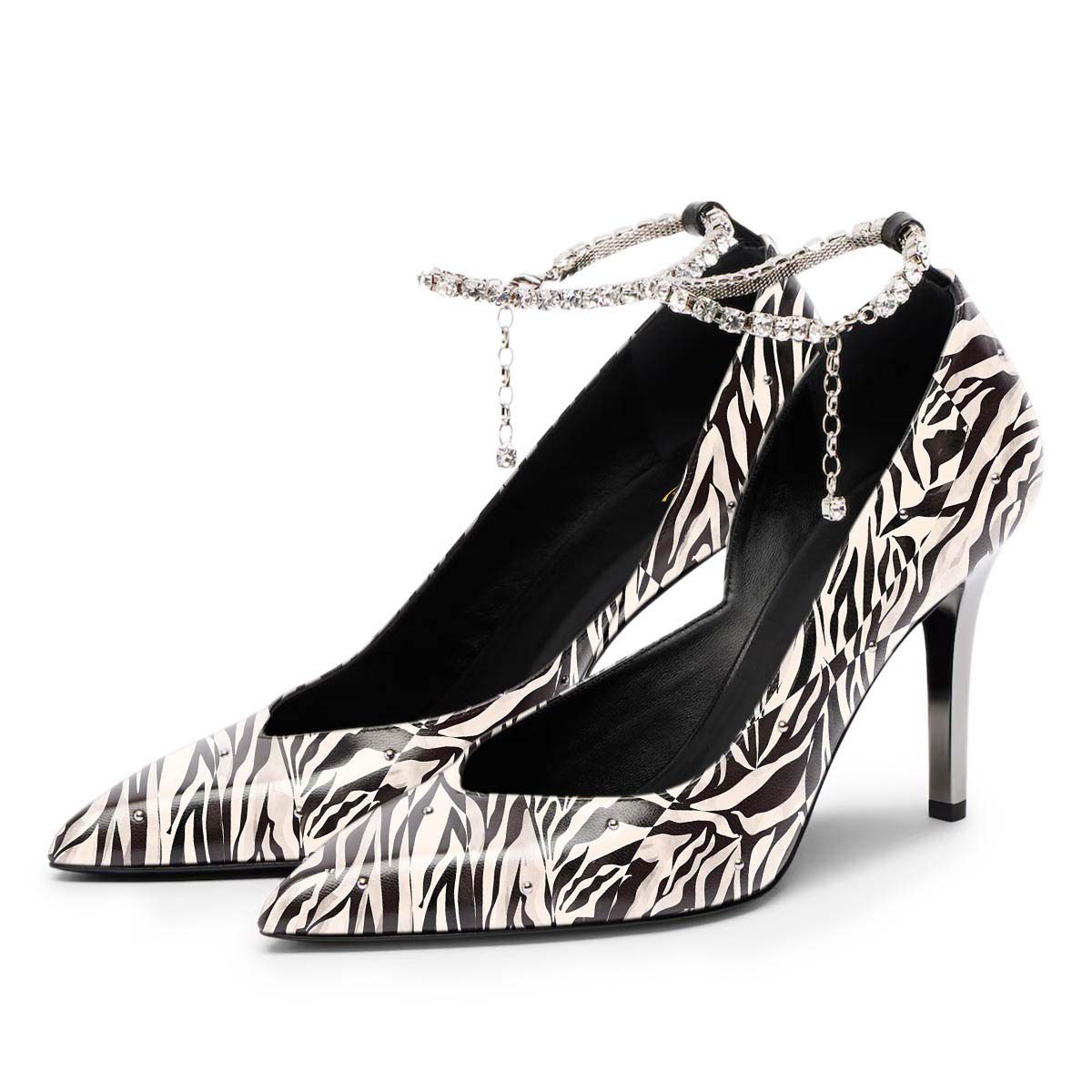 Zebra Print Rhinestone Chain Pointed Toe Studded Pumps Heels display picture 2