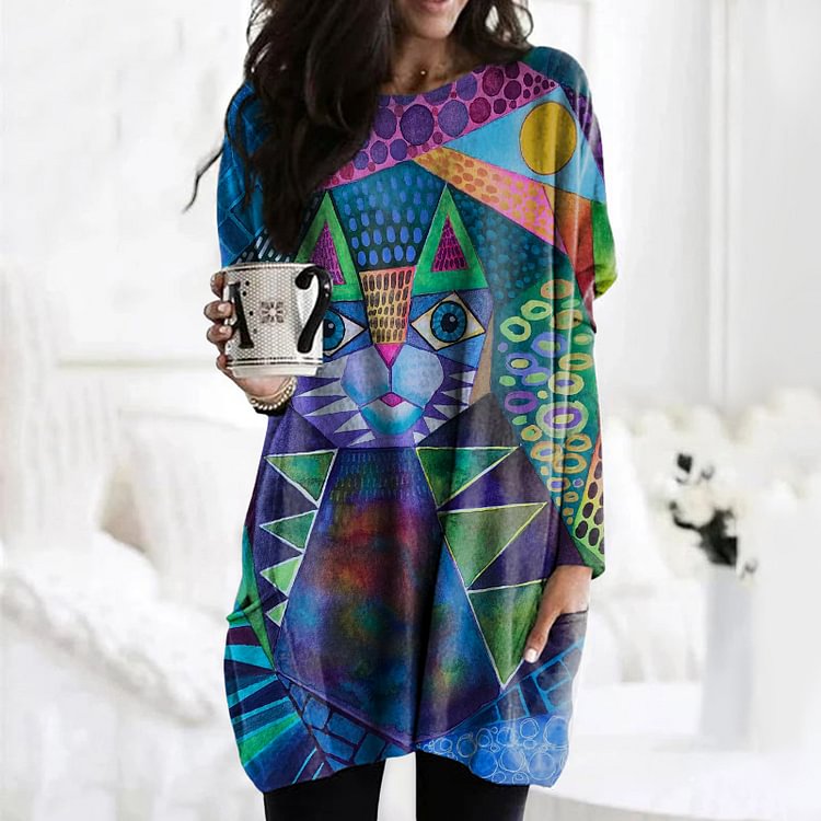 Vefave Abstract Cat Print Long Sleeve Tunic