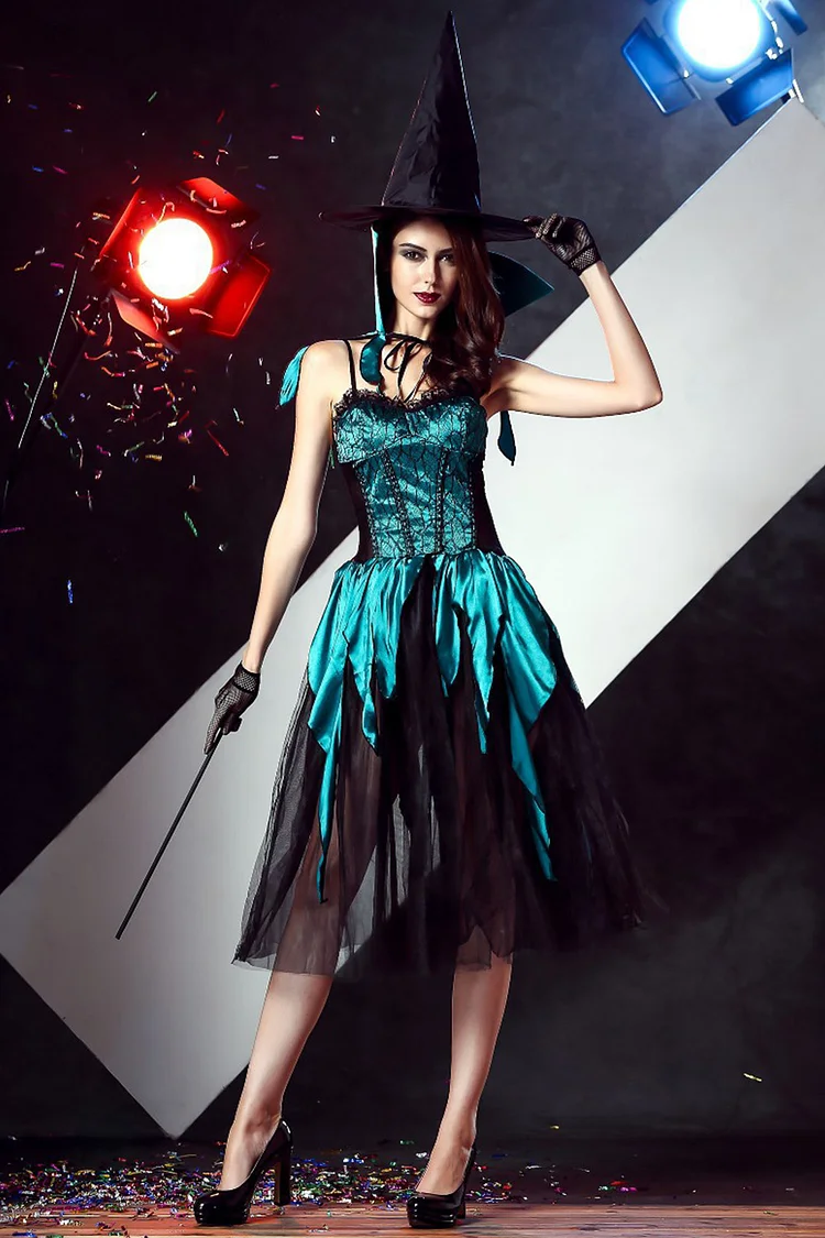 Gothic Green Halloween Costume Patchwork Mesh With Cloak Gloves Three Pieces Dress Set
