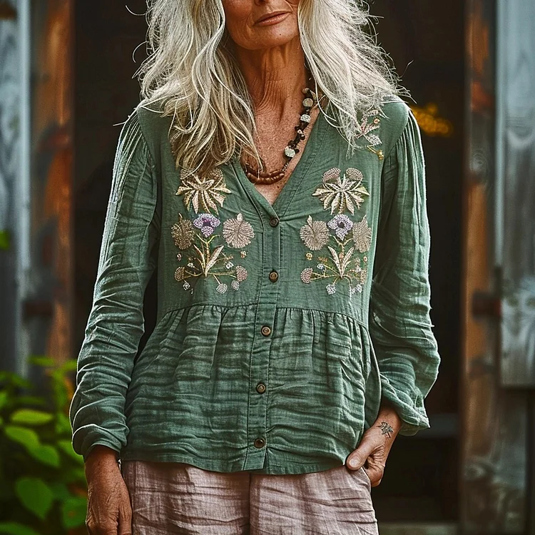Women's Linen Bohemian V-neck Loose Long-sleeved Shirt