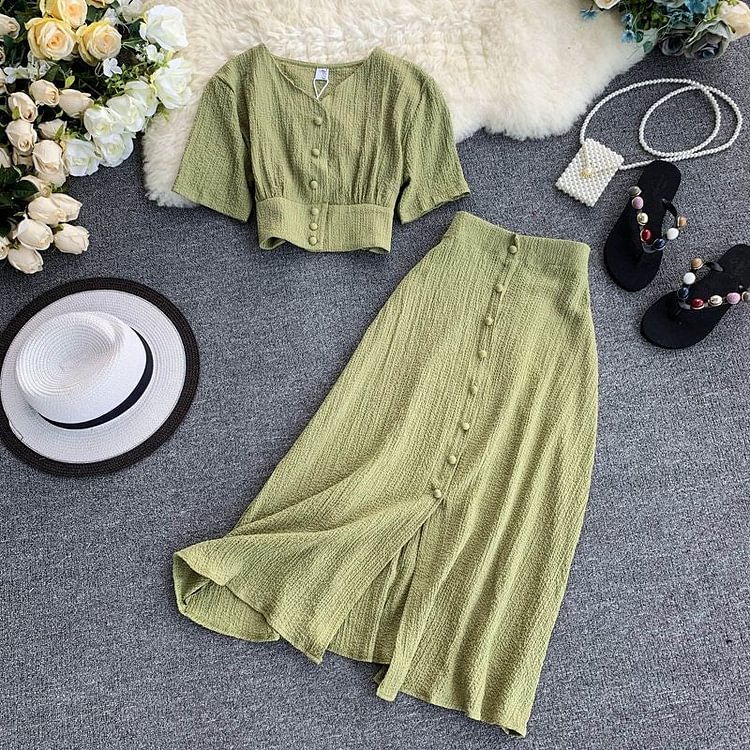Cottagecore Fashion Set: Short-Sleeve Button-Up Crop Top + A-Line Midi Skirt CF24