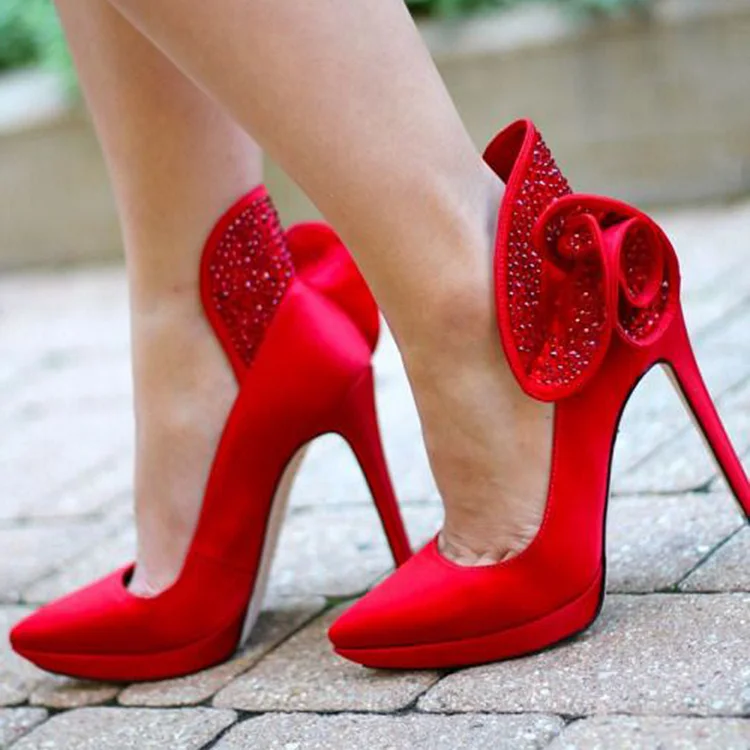 Women's Red Satin Platform Pumps Elegant Pointy Toe Rhinestone Heels |FSJ Shoes