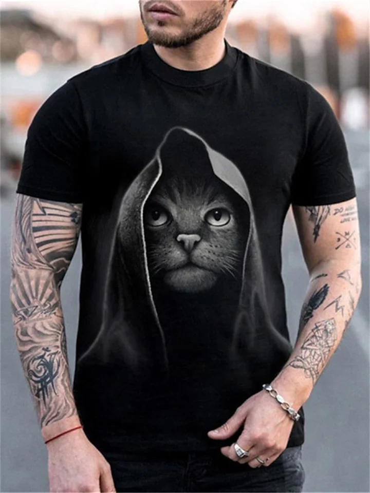 Summer Short-sleeved Black T-shirt Round Neck Cat 3D Print