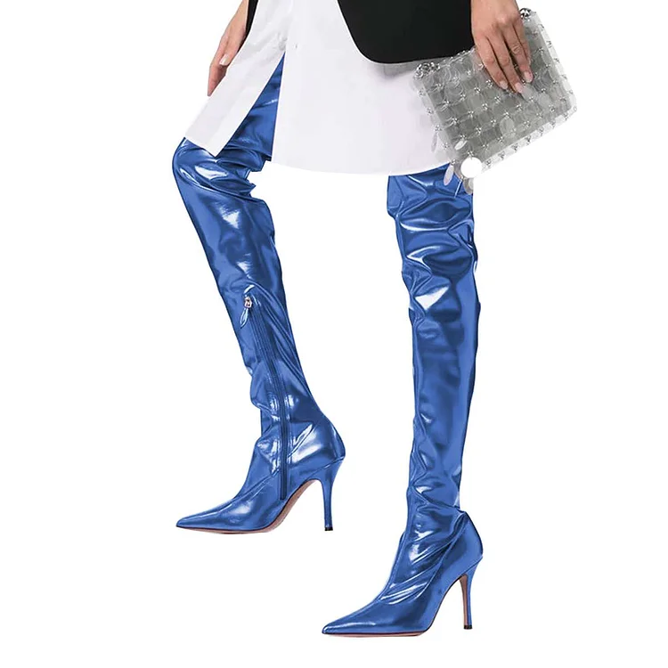 Metallic Blue Over-the-Knee Stiletto Boots Vdcoo