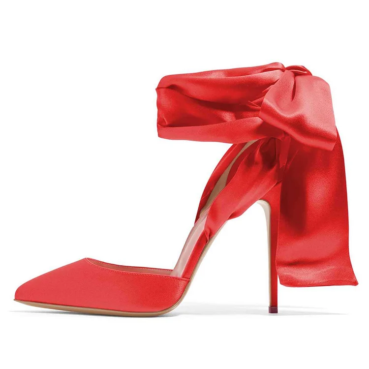 Red Satin Tie Ankle Strap Stiletto Heels Pumps Vdcoo