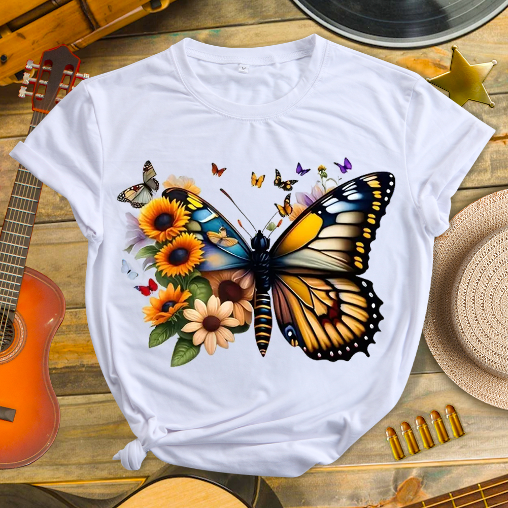 Casual Butterfly Pattern Neck T-shirt-Guru-buzz
