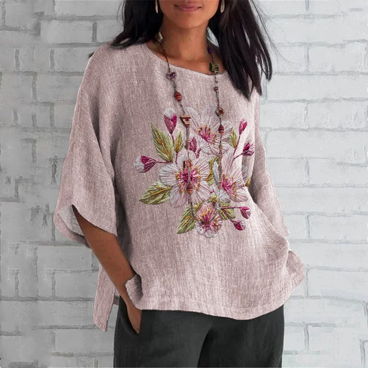 Comstylish Retro Floral Embroidery Art Linen Blend Cozy Tunic