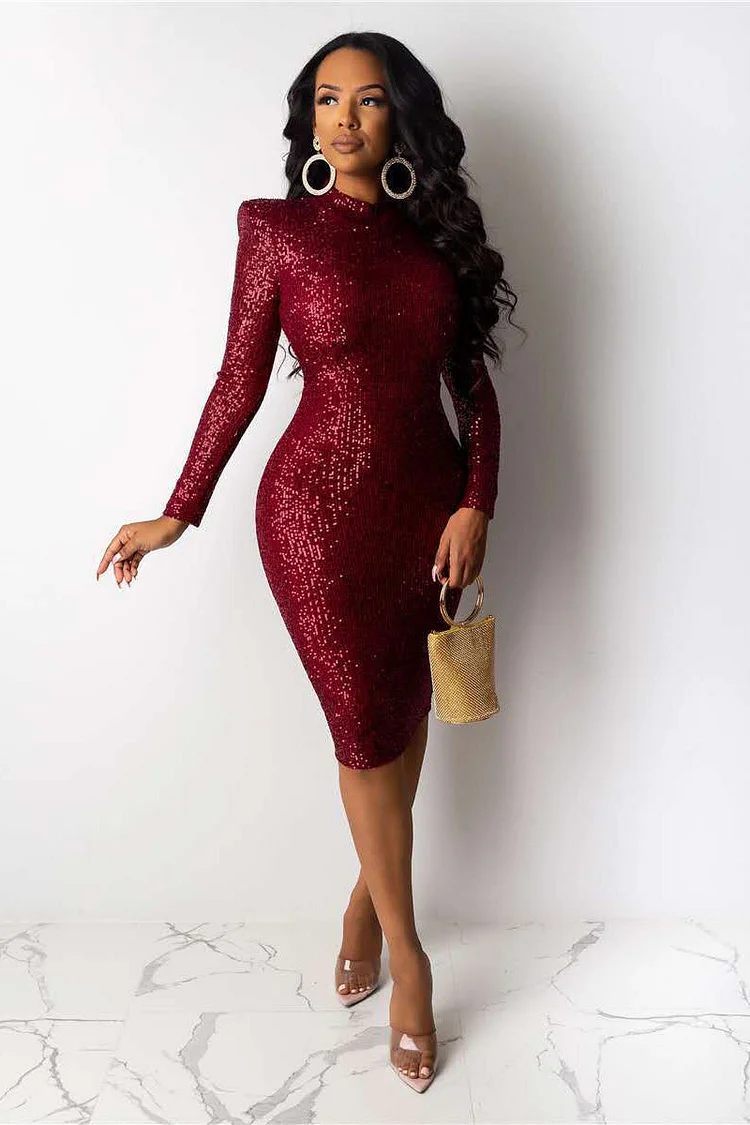 Party Sequin Long Sleeve Higher Neckline Midi Dresses