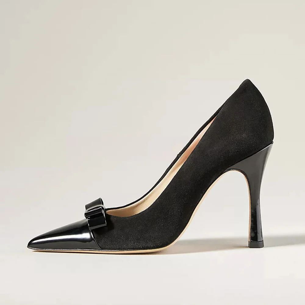 Black Patent leather & Faux Suede Pointed Toe Bow Pumps for Women Nicepairs