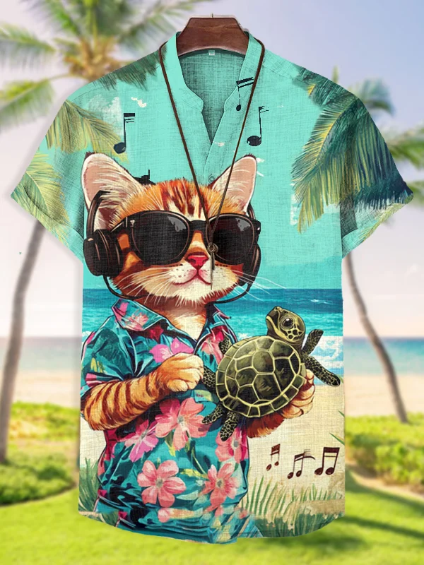 Men's Cat Holding Turtle Art Print V Neck T-Shirt
