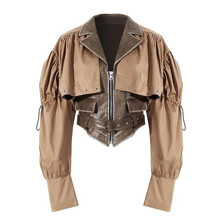 Steampunk Leather Zip-up with Belt Patchwork Long Sleeve Jacket