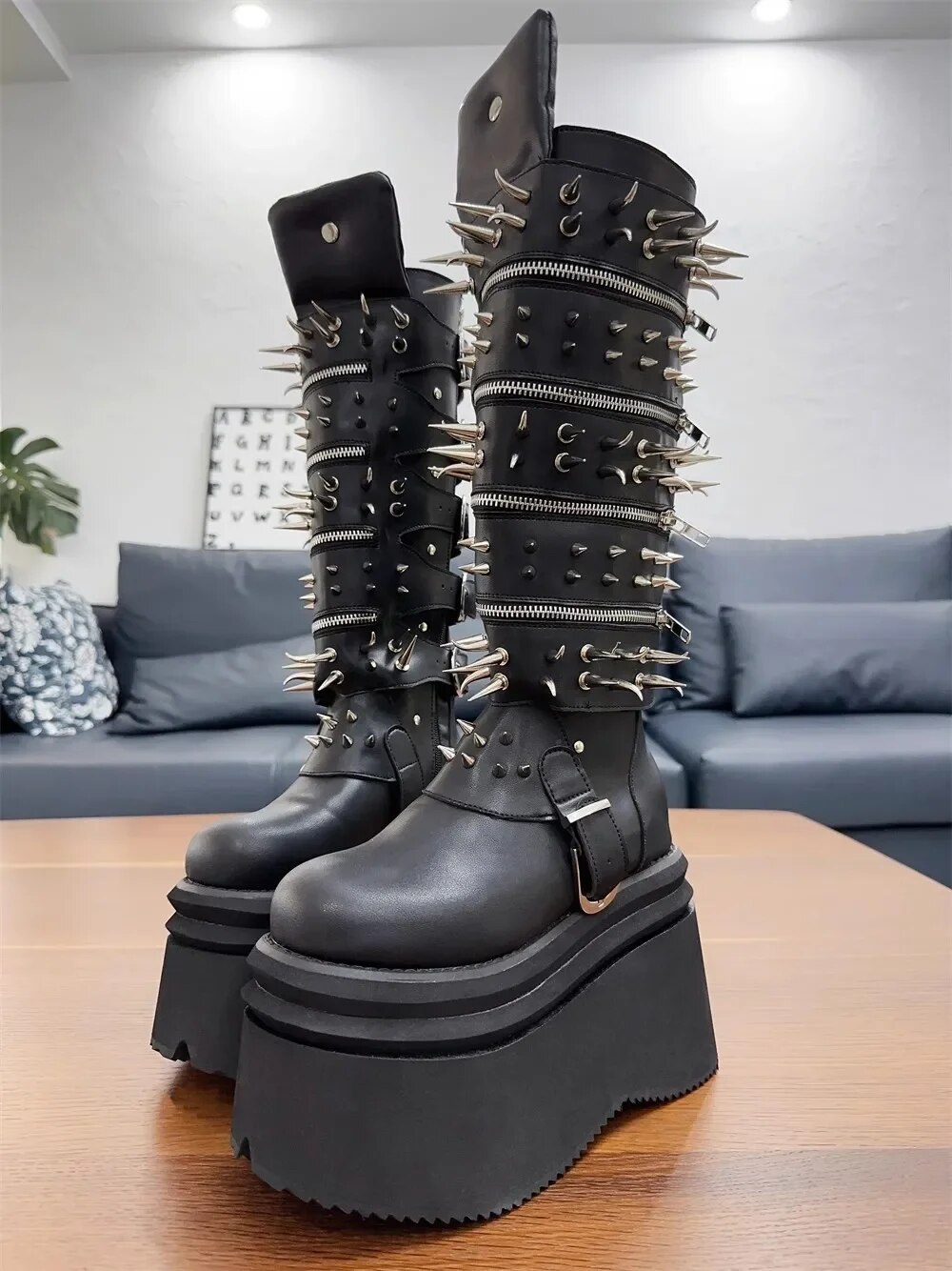 VCshoes Women Motorcycle Gothic Punk Boots Woman High Thick Heels Pumps Cool Lady Knight Boots Girl Long Boots Heavy Metal Rivets Buckle