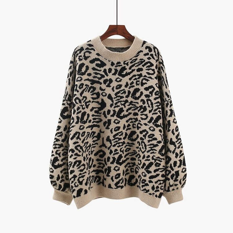 Autumn Leopard Sweater Woman Pullover Korean Loose Casual O-Neck Knitted Sweaters Jumper Khaki Fashion Women Sweaters 2021 - BlackFridayBuys
