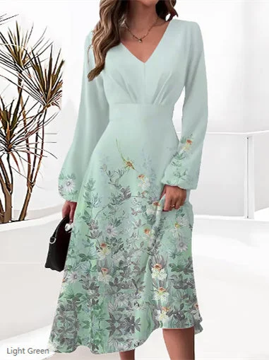 Women's Floral Solid Color Stitching V-neck Long Sleeve Dress