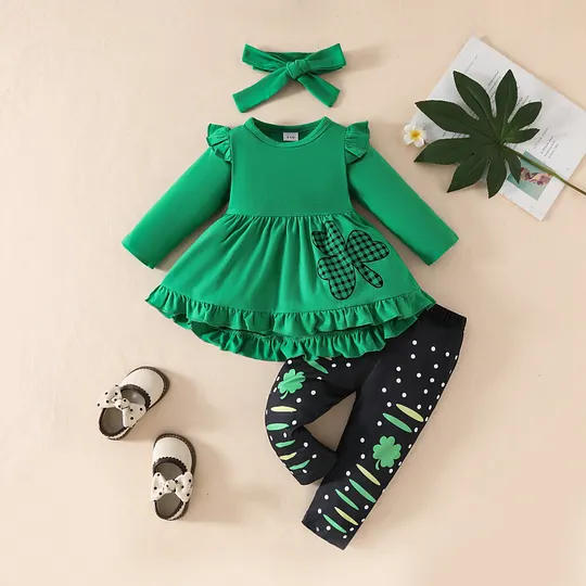 【9M-3Y】Girls' St. Patrick's Day Long-Sleeve Dress + Printed Pants + Headband Set