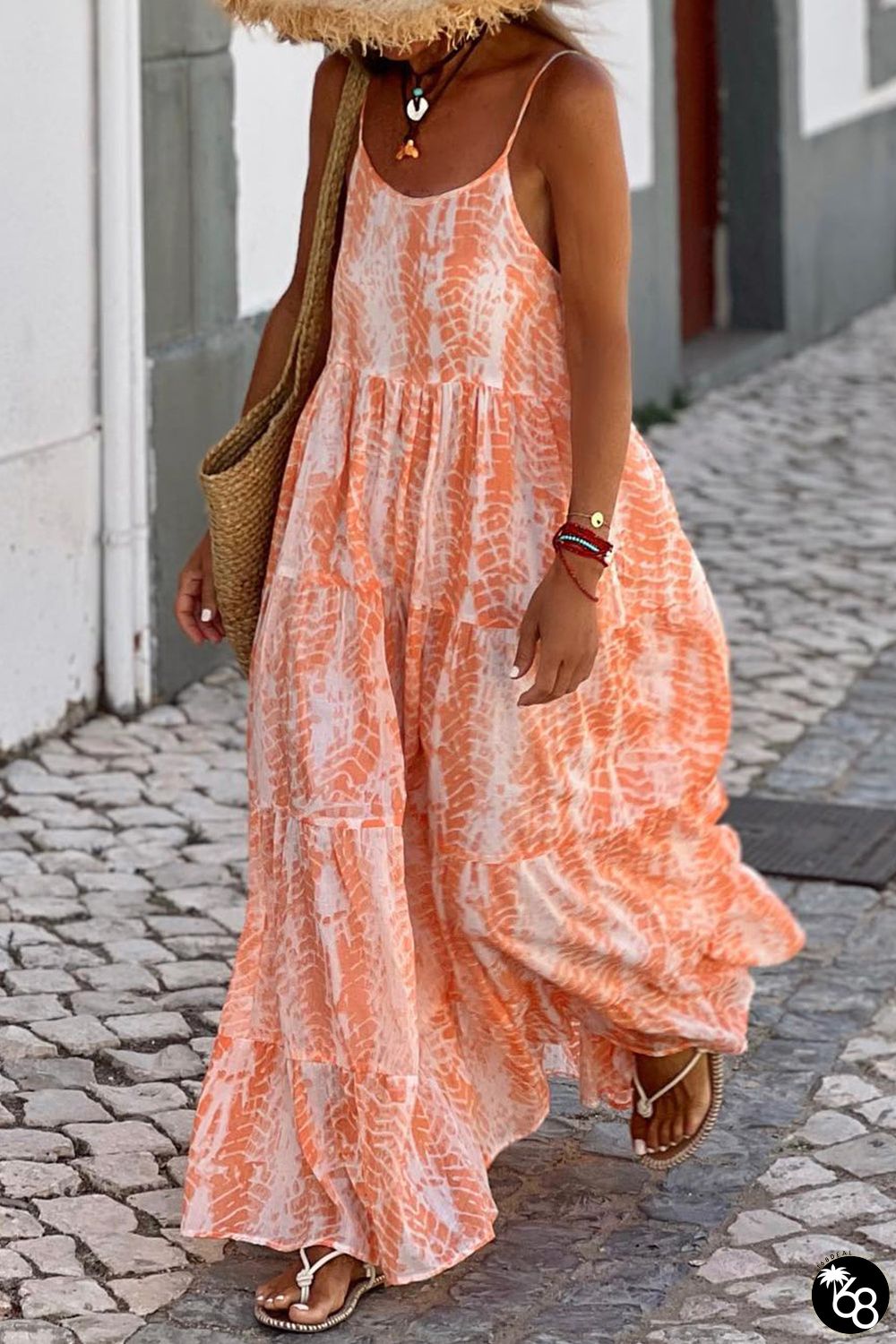 Orange Abstract Print Spaghetti Straps Backless Tiered Maxi Dress | 168DEAL