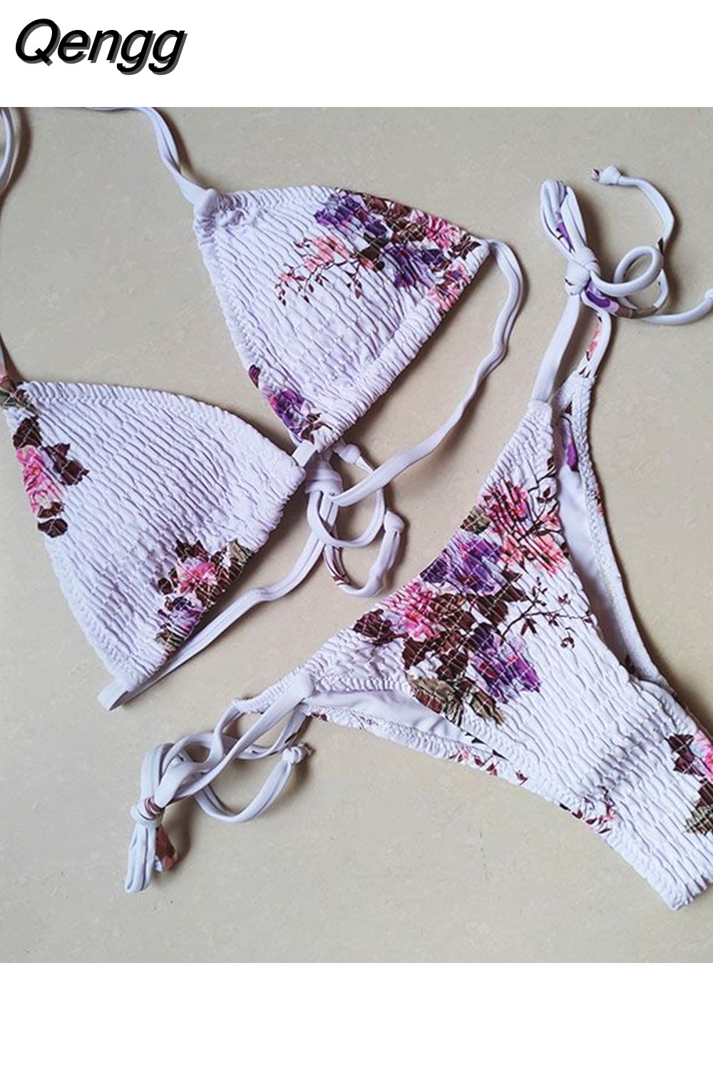 Qengg Triangle Bikini Push Up Bikinis Women Ruched Thong Swimwear