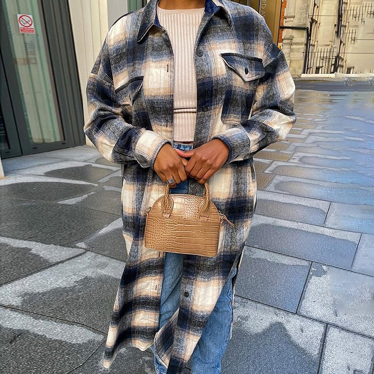 Comstylish Casual Loose Plaid Long Coat