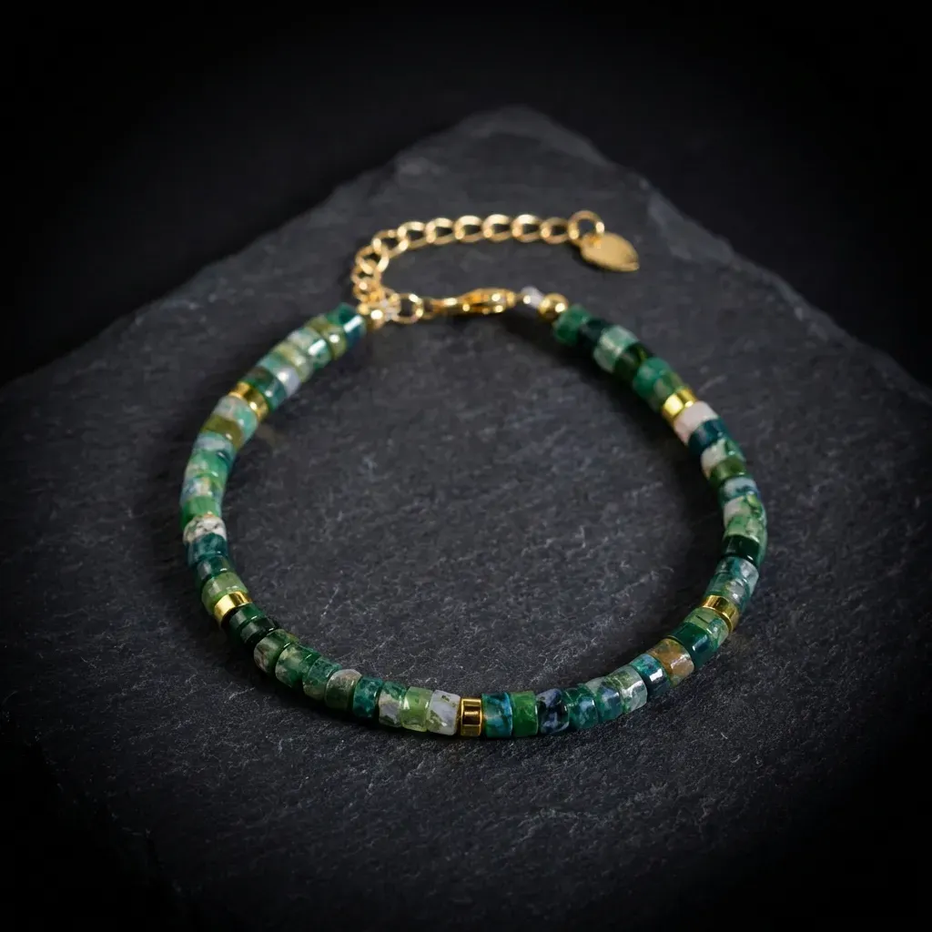 Natural Aquatic Agate Essence Bracelet | 4mm Dainty Gemstones Radiant 18K Gold Finish
