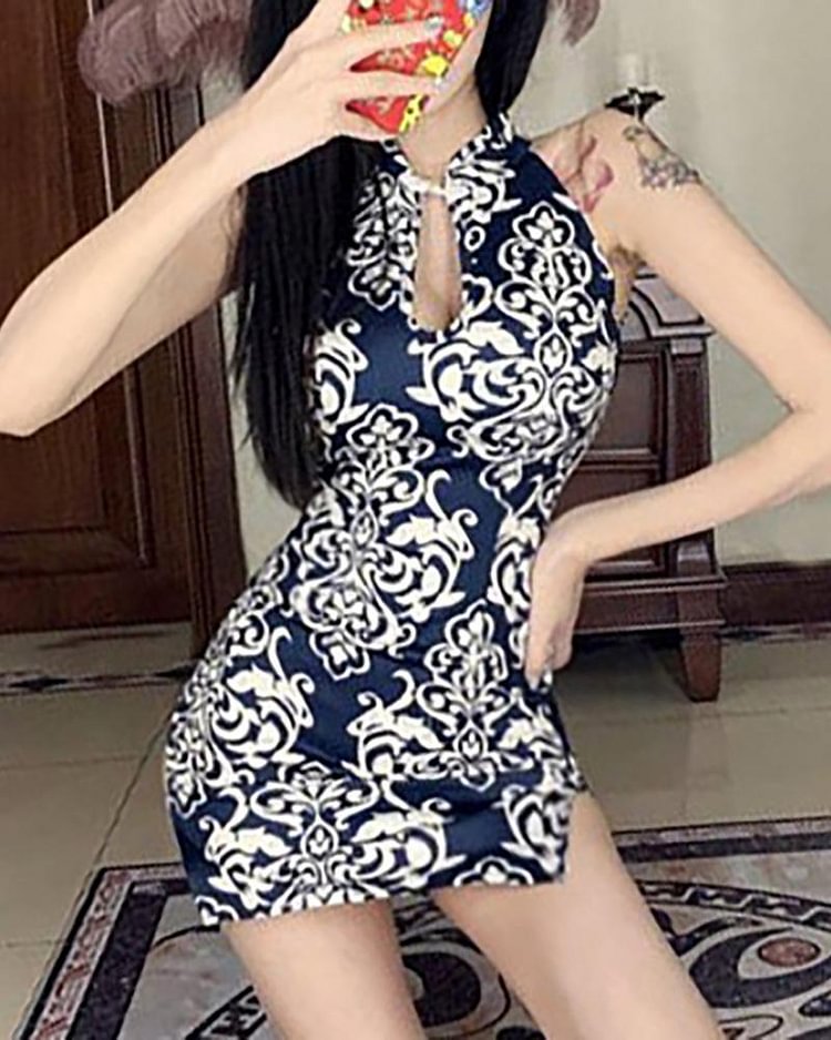 Halter Sleeveless Vintage Floral Print Mini Dress P12246