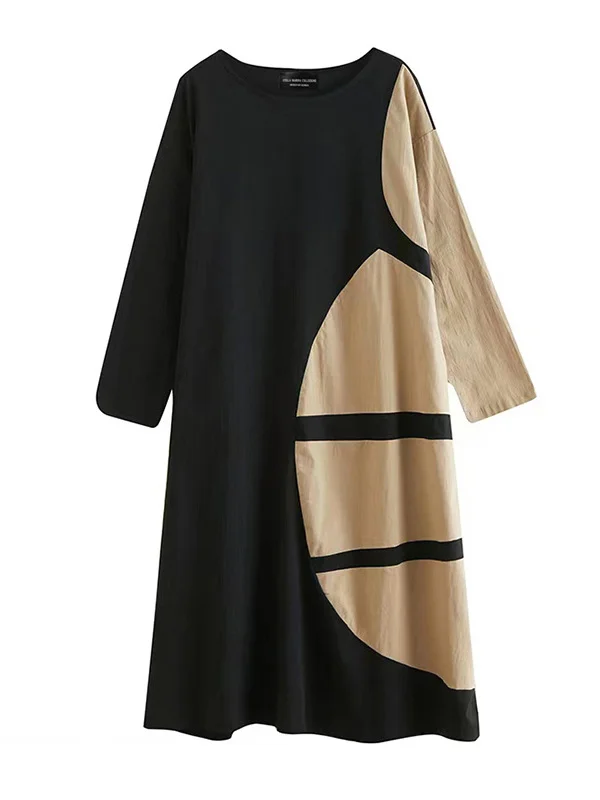 Casual Long Sleeves Roomy Contrast Color Round-Neck Midi Dresses