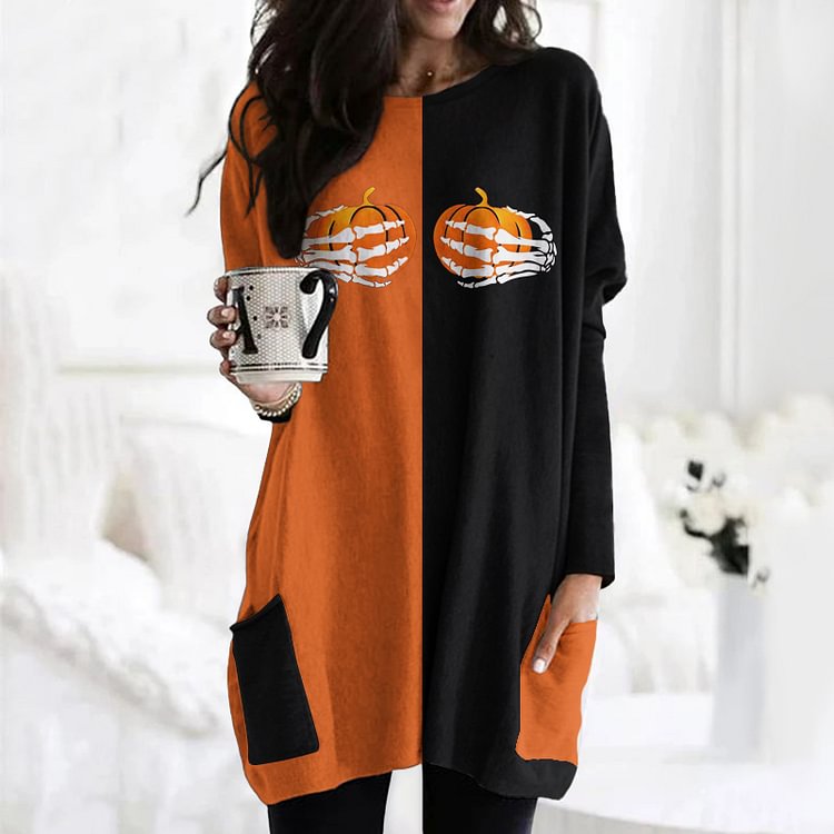 Contrasting Color Grunt Pumpkin Print Tunic